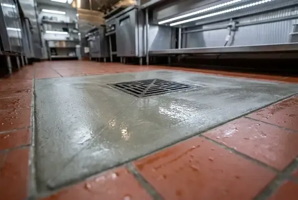 Commercial kitchen concrete floor patch back